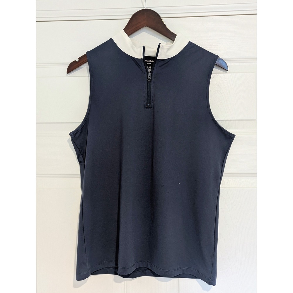 Tommy Bahama Golf Tennis Womens Large Navy Blue Sleeveless Quarter Zip Polo Top